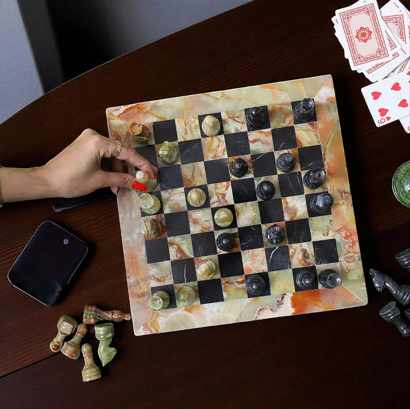 Handcrafted Onyx & Black Marble Chess Board Set 15x15 Inches