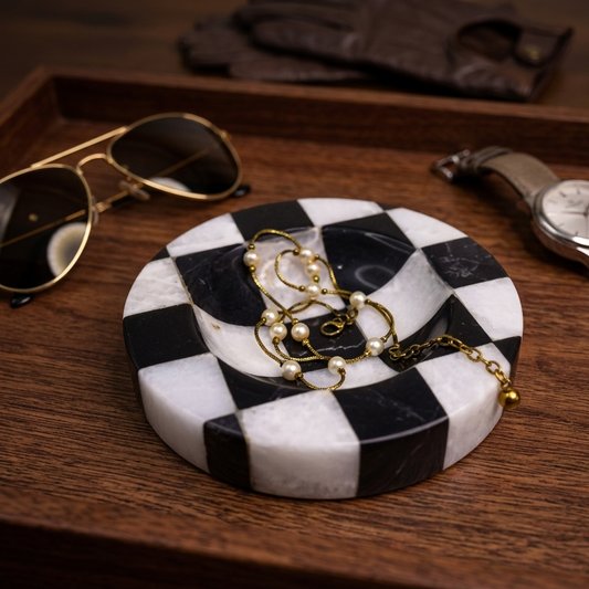 Checkered Marble  Onyx Jewlery Dish, Coffee Table Decor