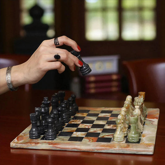 Handcrafted Onyx & Black Marble Chess Board Set 15x15 Inches