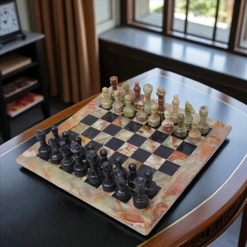 Handcrafted Onyx & Black Marble Chess Board Set 15x15 Inches
