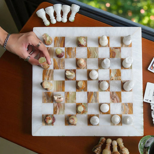 White Marble &  Onyx Handmade Chess Board Set 15x15 inches
