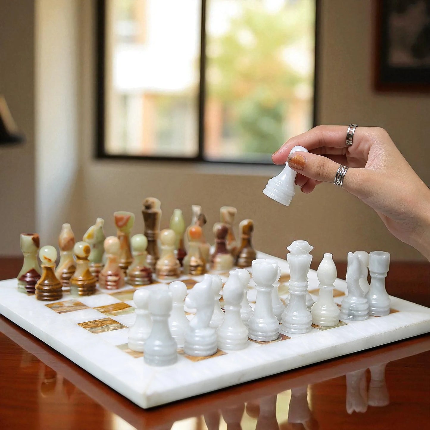 White Marble &  Onyx Handmade Chess Board Set 15x15 inches